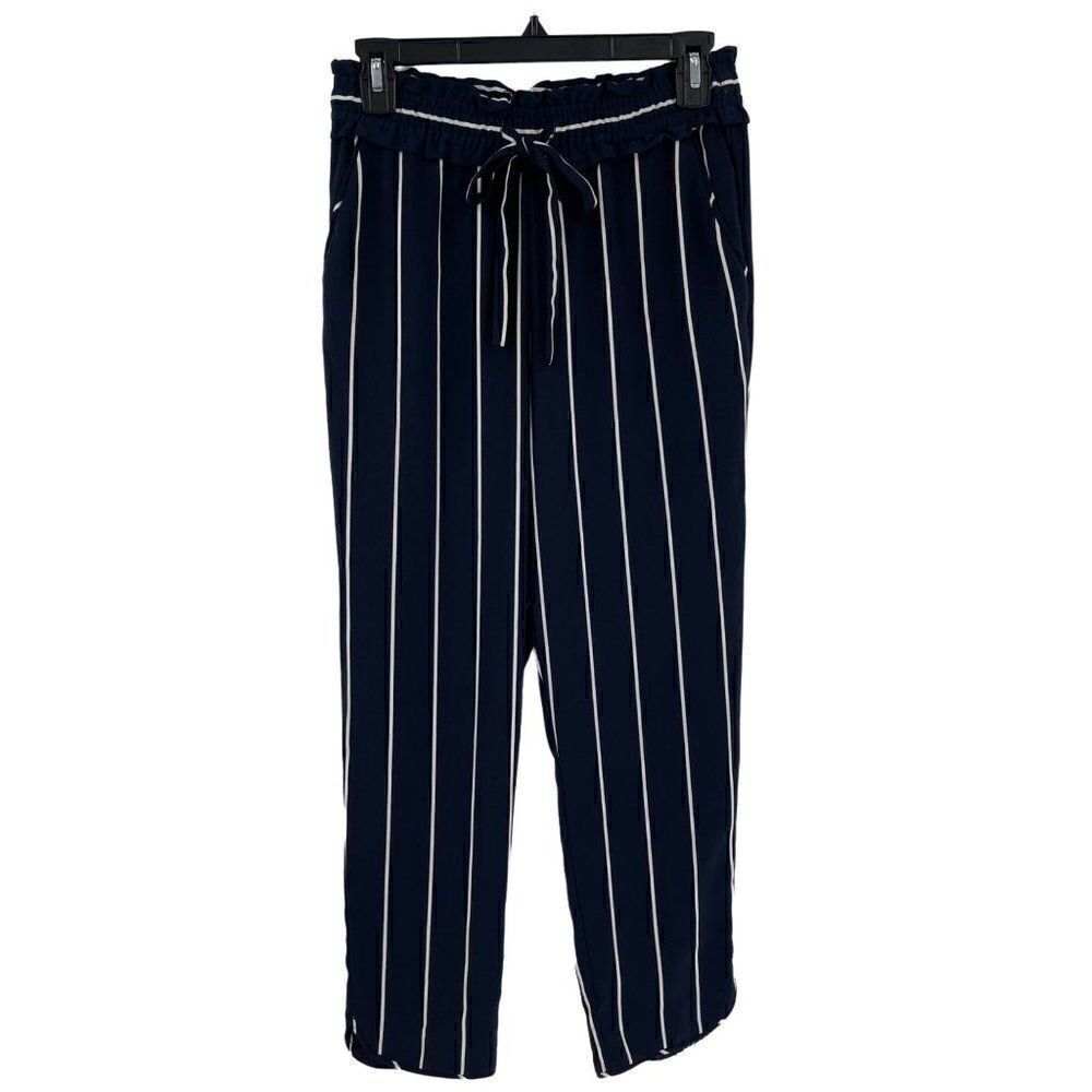 Zara Trafaluc Relaxed Tapered Leg Vertical Stripe Crop Pants Tie Waist Navy XS